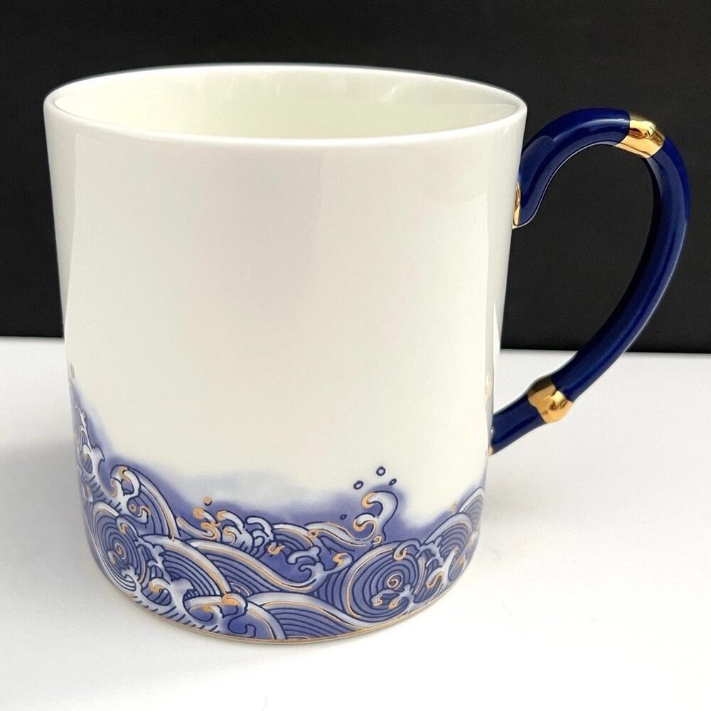Auratic Sea Pearl Porcelain Cobalt Blue White Wave Gold Edge Coffee Mug Tea Cup